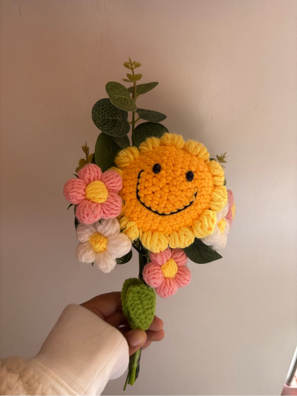 Handmade Crocheted Smiling Sunflower Bouquet - Yellow & Pink